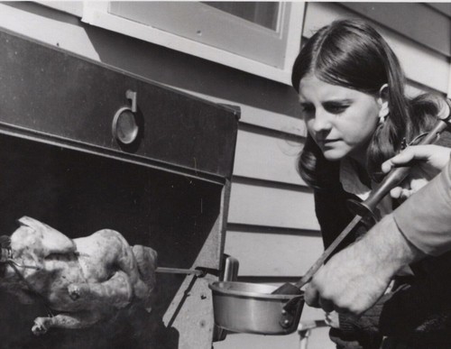 Girl grilling chicken - girl, outdoor